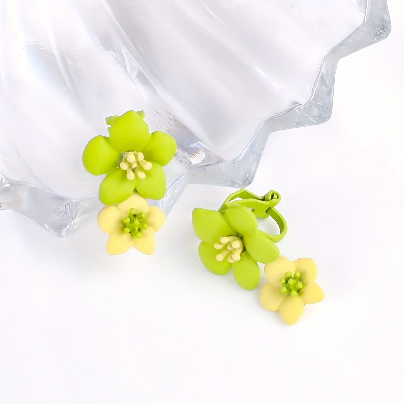 Floral Clip On Earrings Yellow & Green Flower Studs for Non Pierced Ears